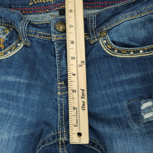 Antique Rivet Jeans BootCut Western Low Rise Sz 29 Rhinestone Stretch Distressed - Picture 7 of 14